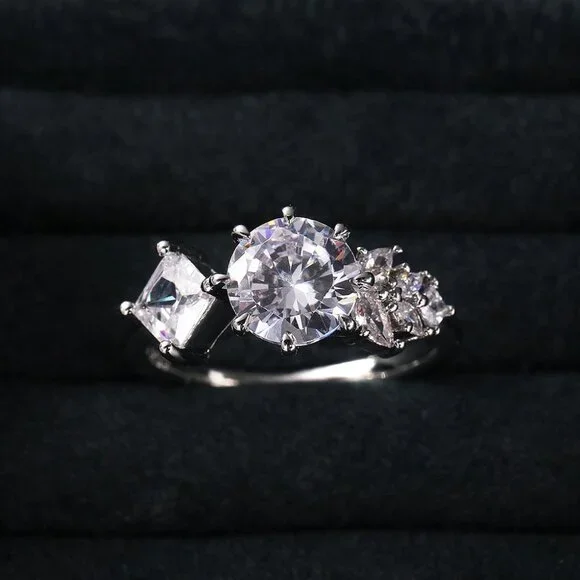 CZ Square Leaf 925 Silver Plated Wedding/Engagement Ring for Women, K940